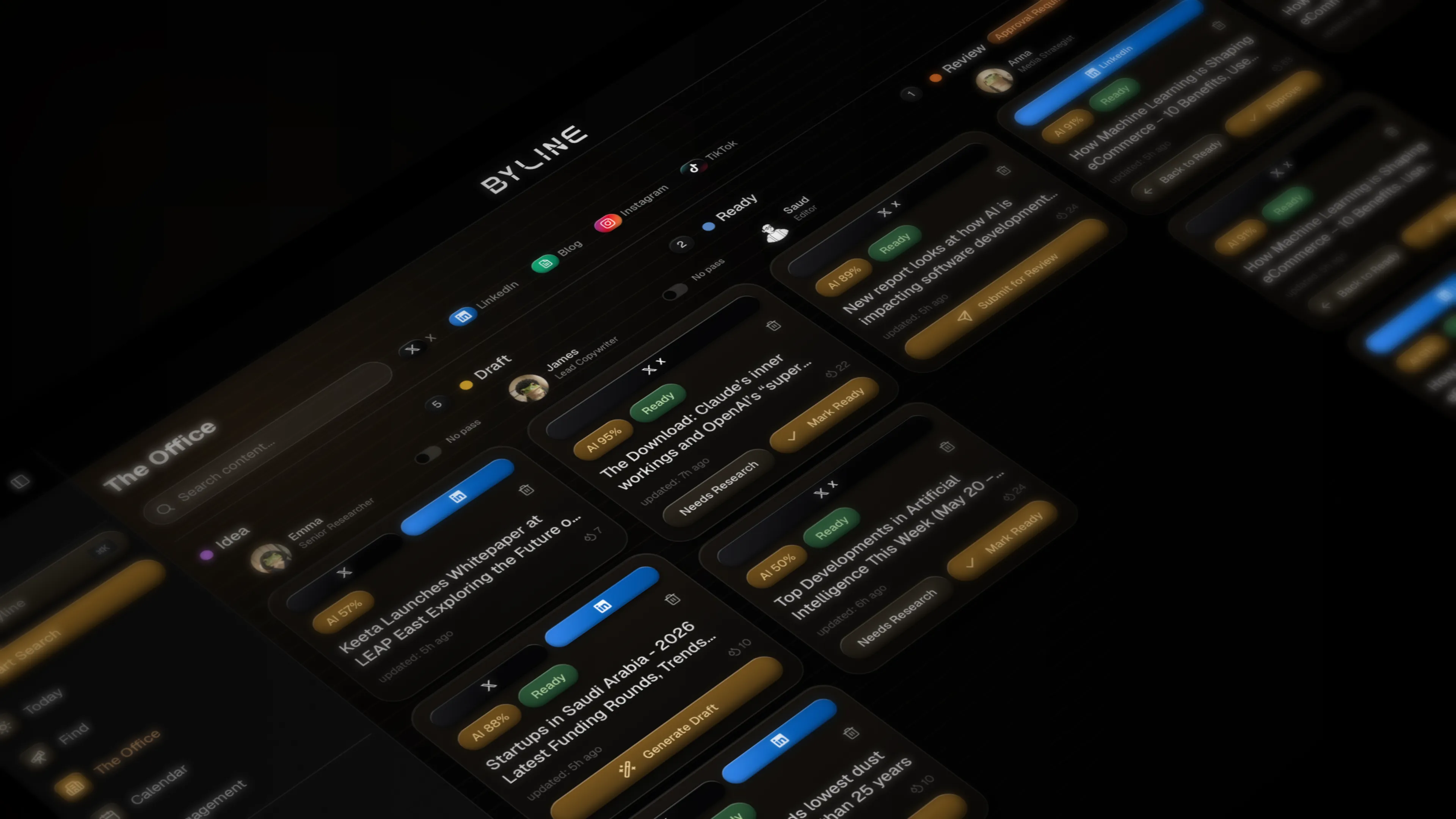 The Byline workspace — research, drafts, and reviews organized across your content pipeline